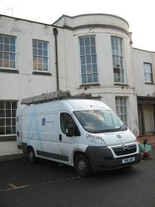ASRS van outside property in need of repairs to two storey bay window