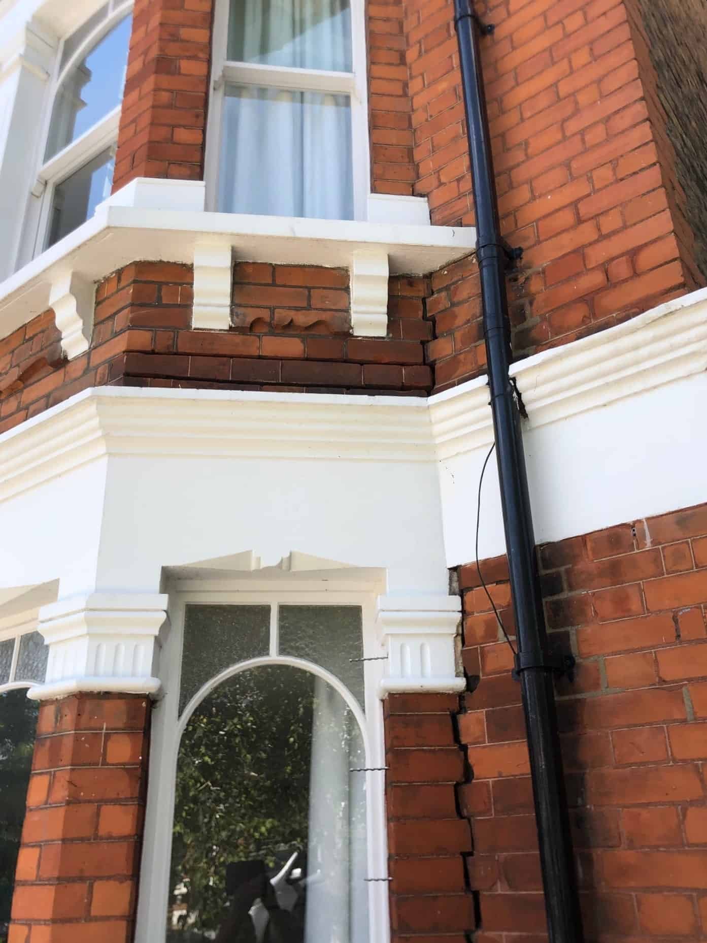 Vertical crack where bay window has detached from main structure